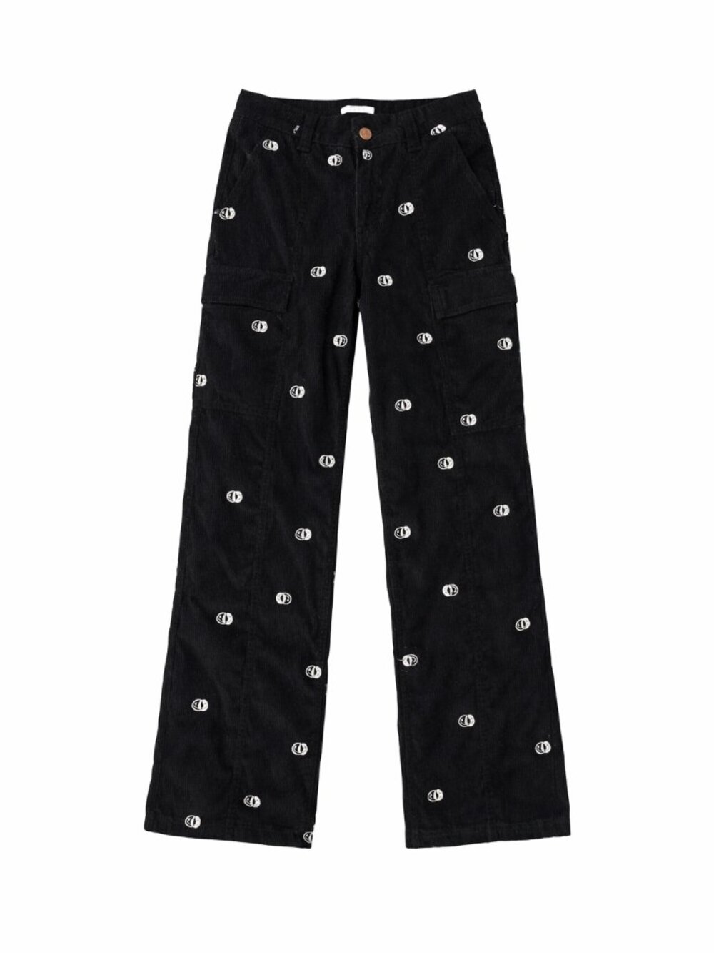PacSun Black Embroidered Smiley Face Wide-Leg Corduroy Pants, Size Medium